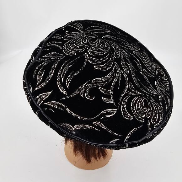 VTG Hat Evening Cocktail Cap Black & Gold Velvet Beret Dressy Formal Size XL - Picture 4 of 8